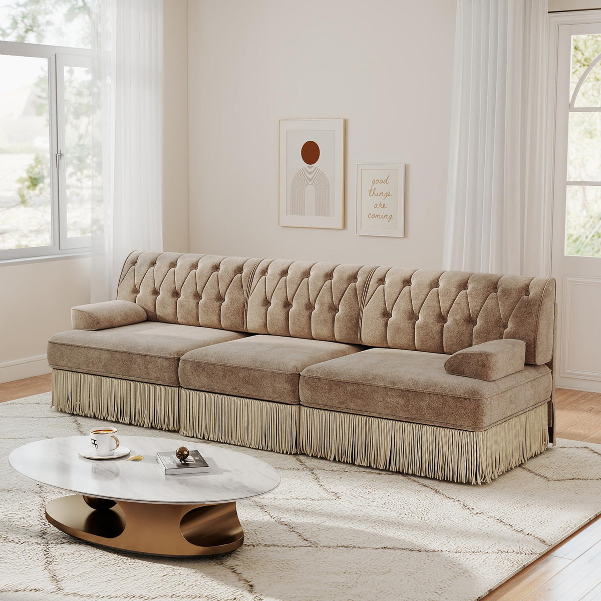 Unique Chesterfield Style Modular Sectional Sofa, 135.6” L-shaped Boneless Sofa with Velvet Fabric, Floor-grazing Tassel Fringe Skirt and Button Tufted Design for Living Room, Easy to Assemble, Beige