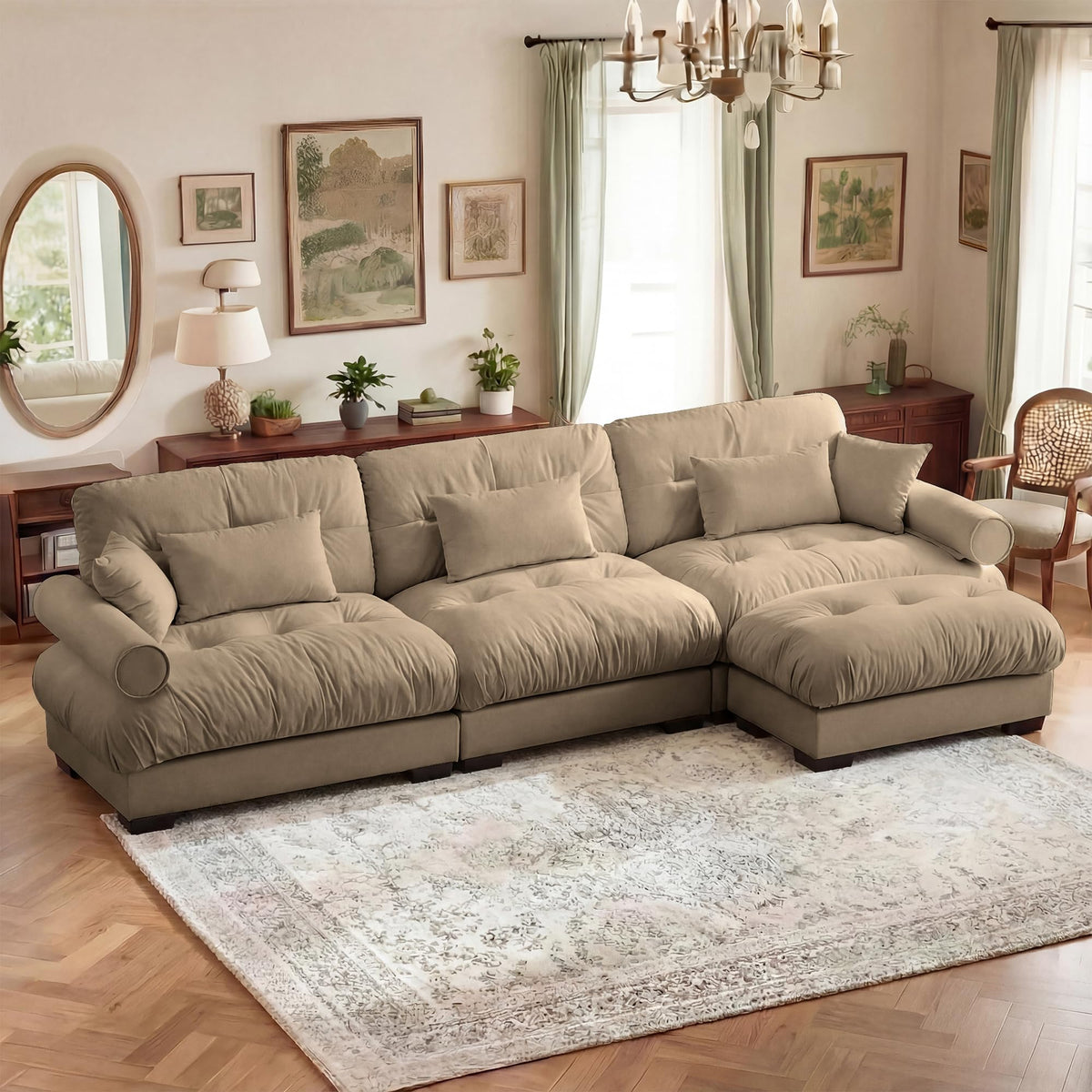 130" Cloud Couch, Oversized 3-Seater Couch with Ottomans and Pillows, Deep Seat L Shaped Sofa, Comfy Velvet Fluffy Sofas Modular Sectional Couches for Living Room (Blue, 3 Seat + 1 Ottoman)