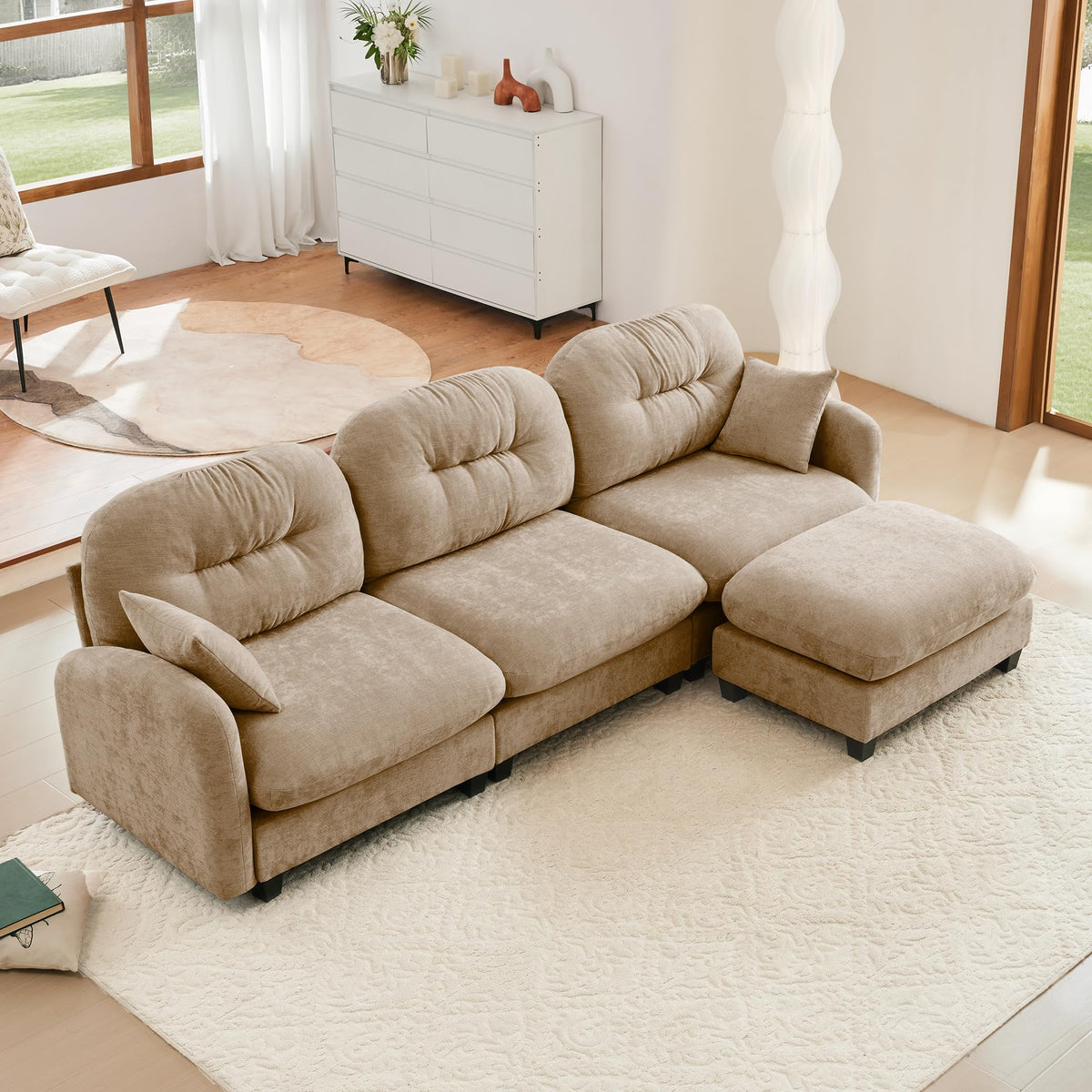 107" L Shaped Couch, Chenille Upholstered Modular Sectional Sofa, 3 Seater Deep Seat Sofa with Movable Ottoman, Modern Cloud Couch with Thick Seat Cushion, Sectional Couches for Living Room, Pink