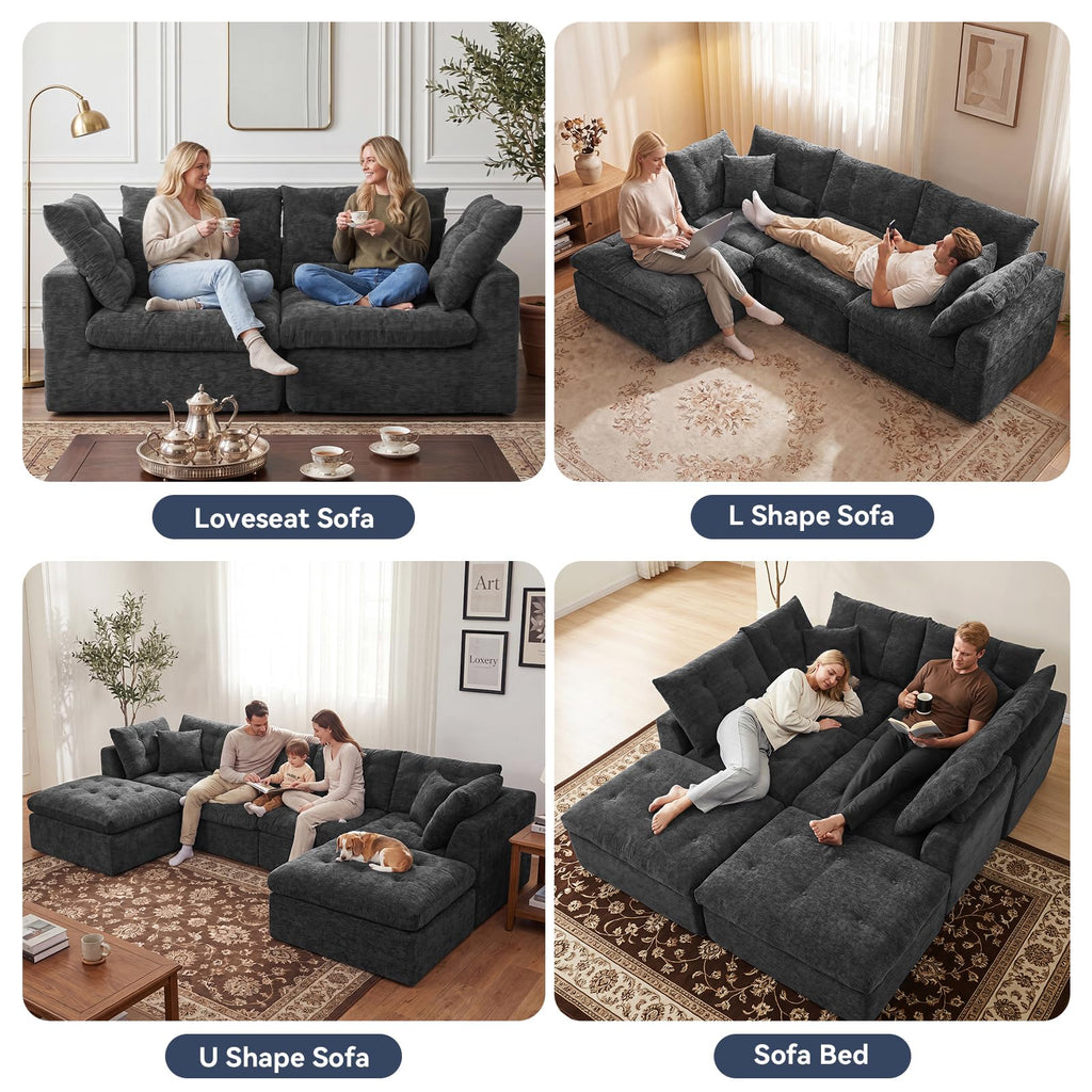 110" Oversized Cloud Sectional Boneless Couch, Modular Chenille L-Shaped Compressed Sofa with Ottoman & 3-in-1 Multi-Purpose Pillow, 3 Seater Memory Foam Couches for Living Room, Gray