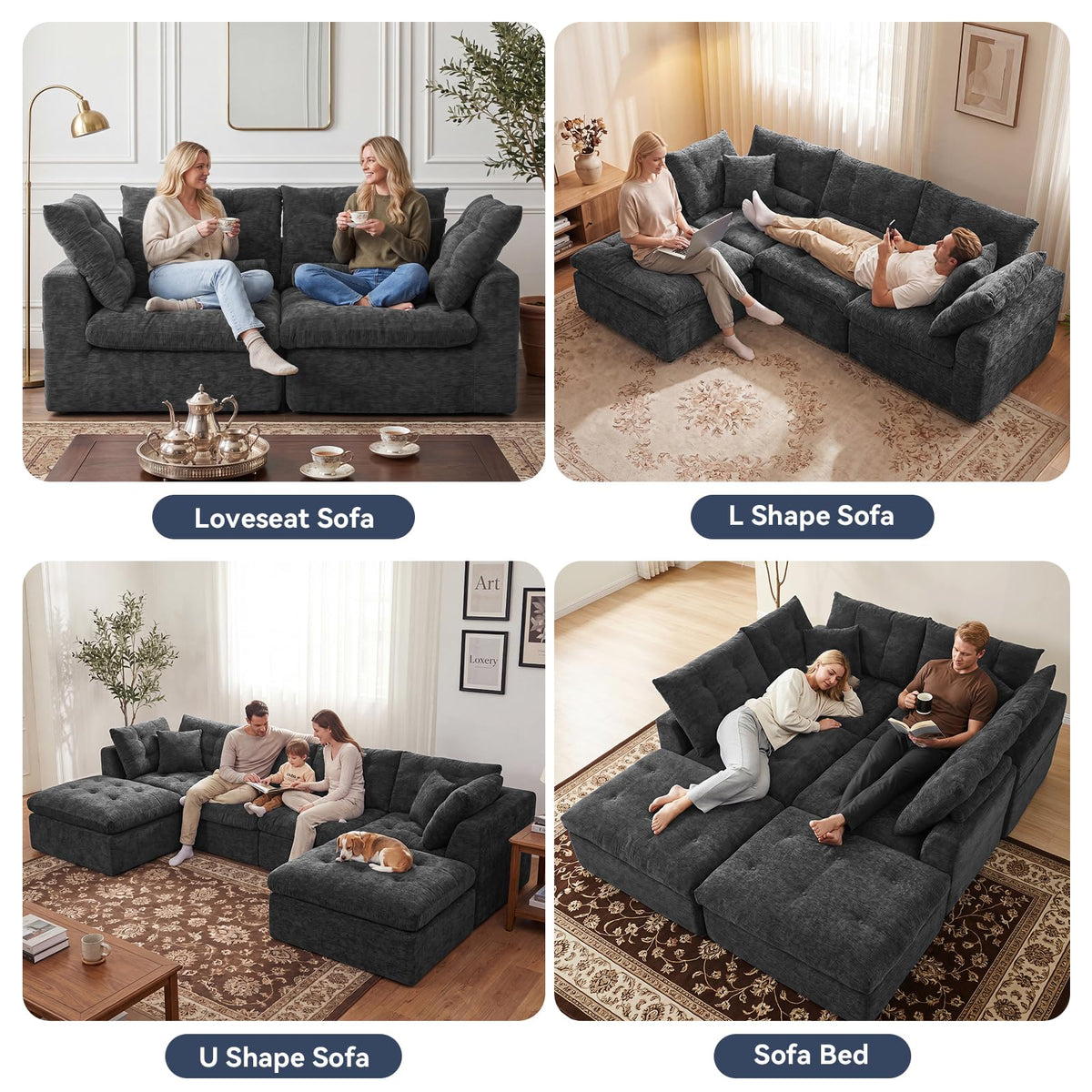 110" Oversized Cloud Sectional Boneless Couch, Modular Chenille L-Shaped Compressed Sofa with Ottoman & 3-in-1 Multi-Purpose Pillow, 3 Seater Memory Foam Couches for Living Room, Gray