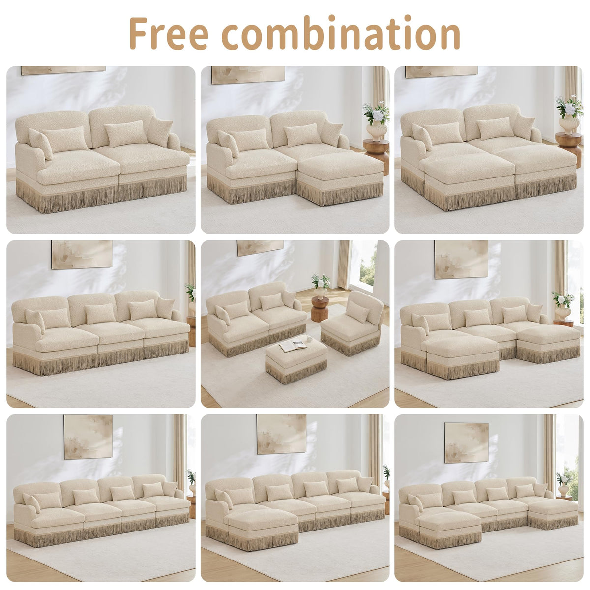 100" Leopard Print Chenille Modular Sectional Sofa with Tassels, L-Shaped Deep Seat Cloud Couch with Ottomans for Living Room, BGE-KHK