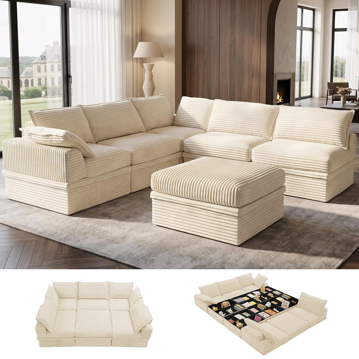 Upgraded Boneless Couch with Storage, 107" Modular Sectional Sofa Couches for Living Room, Extra Deep&High 3 Seater U-Shaped Boneless Sofa with Ottoman, Tool-Free Assembly, Black