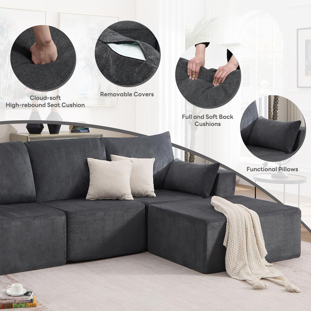 Tbfit Sectional Cloud Couch for Living Room, Comfy Boneless Sofa Bed with Angled Armrest, Modular Sofa with Wide & Deep Seat, Grey Chenille