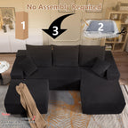 107" Corduroy Modular Sectional Sofa with Ottoman,Modern U-Shaped Cloud Couch with Deep Seat,Comfy 3-Seater Sofa for Living Room,No Assembly (Black,Right-Facing Chaise)