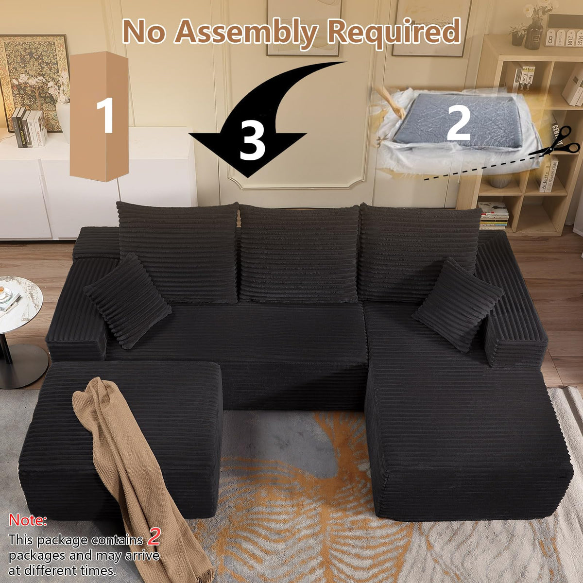107" Corduroy Modular Sectional Sofa with Ottoman,Modern U-Shaped Cloud Couch with Deep Seat,Comfy 3-Seater Sofa for Living Room,No Assembly (Black,Right-Facing Chaise)