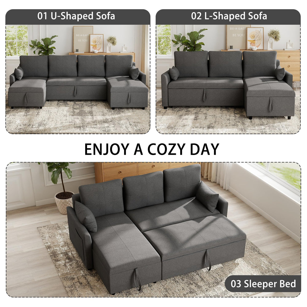 U Shaped Sleeper Sofa Bed: 106" Grey Sofas Sleeper Couch