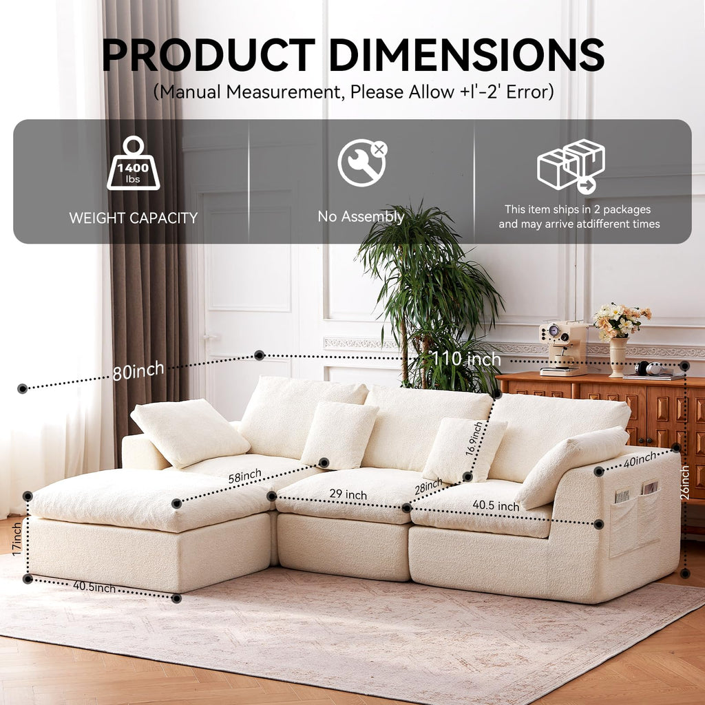 110" Cloud Sectional Couches for Living Room, Warm White