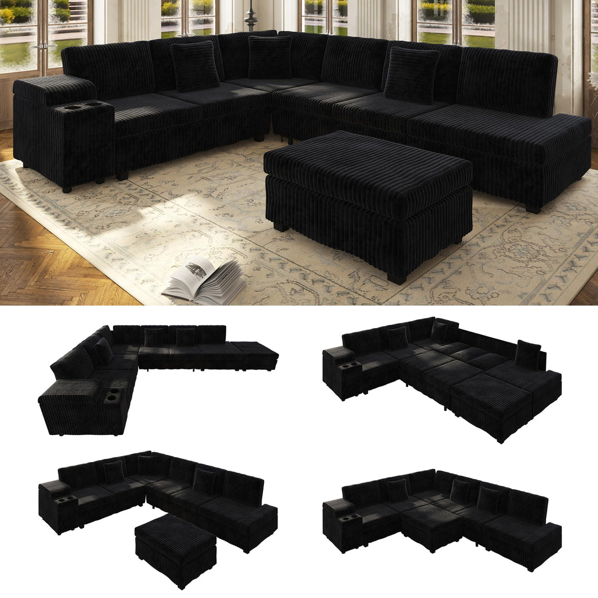 110" L-Shaped Modular Sectional Sofa with Pull Out Bed, Comfy Corduroy Cloud Couch with Removable Ottoman, USB, Storage & Cup Holders, Modern Sectional Sleeper Sofas for Living Room (Camel)