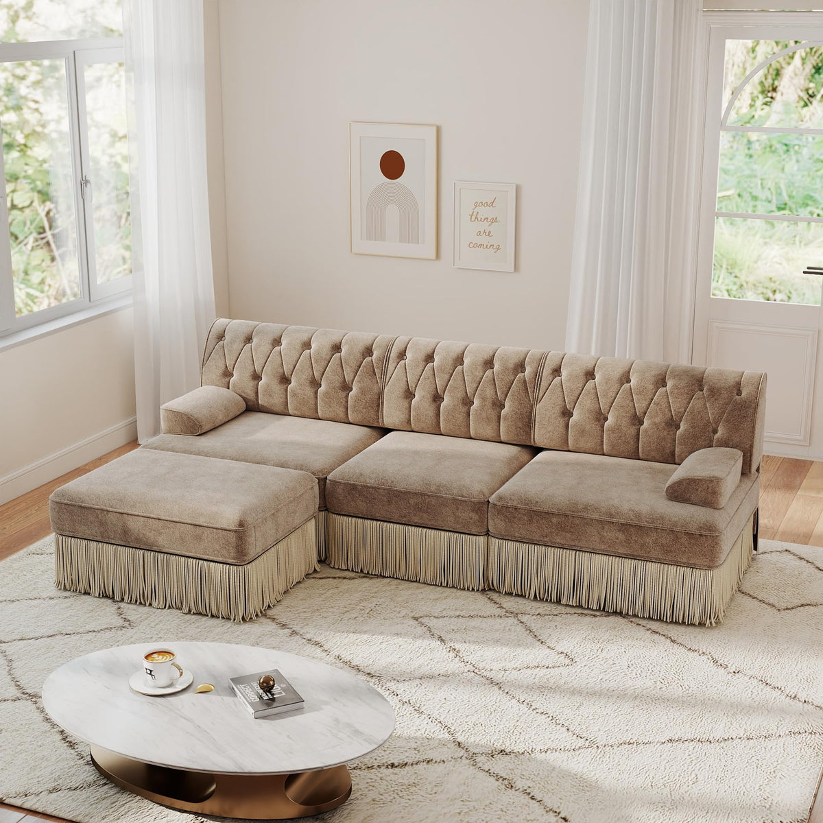 Unique Chesterfield Style Modular Sectional Sofa, 135.6” L-shaped Boneless Sofa with Velvet Fabric, Floor-grazing Tassel Fringe Skirt and Button Tufted Design for Living Room, Easy to Assemble, Beige