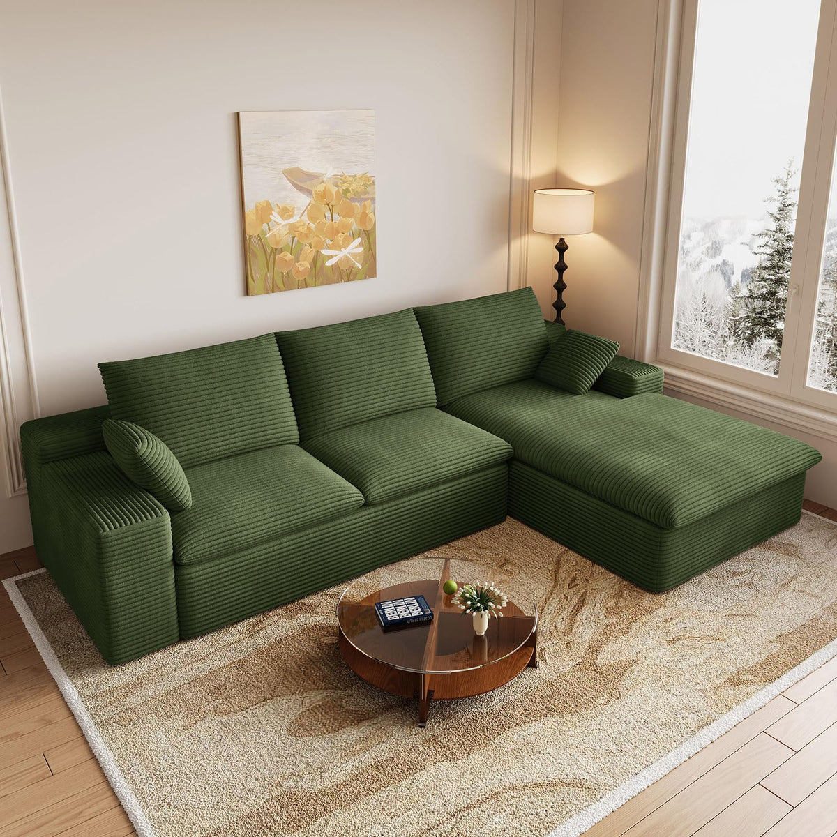 107" Cloud Couch Modular Sectional Couchs with Chaise Lounge, U-Shape Boneless Couches with Ottoman for Living Room, Corduroy Sofa with Deep Seat, No Assembly Required (Green, Left Facing Chaise)