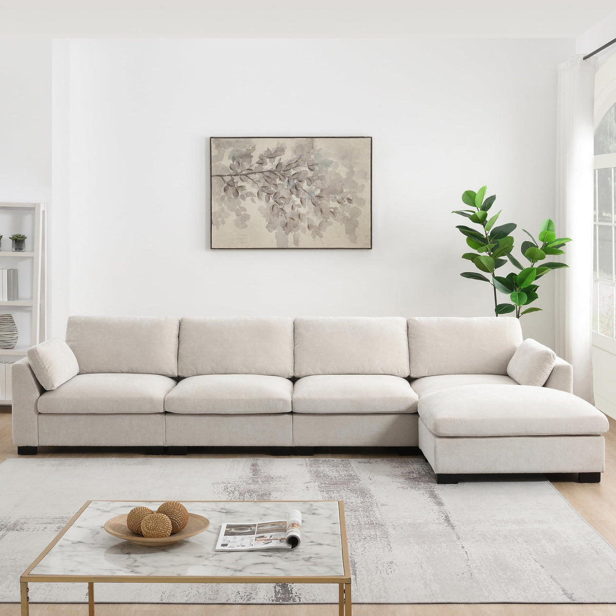 Tidyard 13? L-Shaped Modular Sectional Sofa with Charging Ports, Folding Table & Storage Pockets, 5-Seat Chenille Sofa with Ottoman, 2 Colors