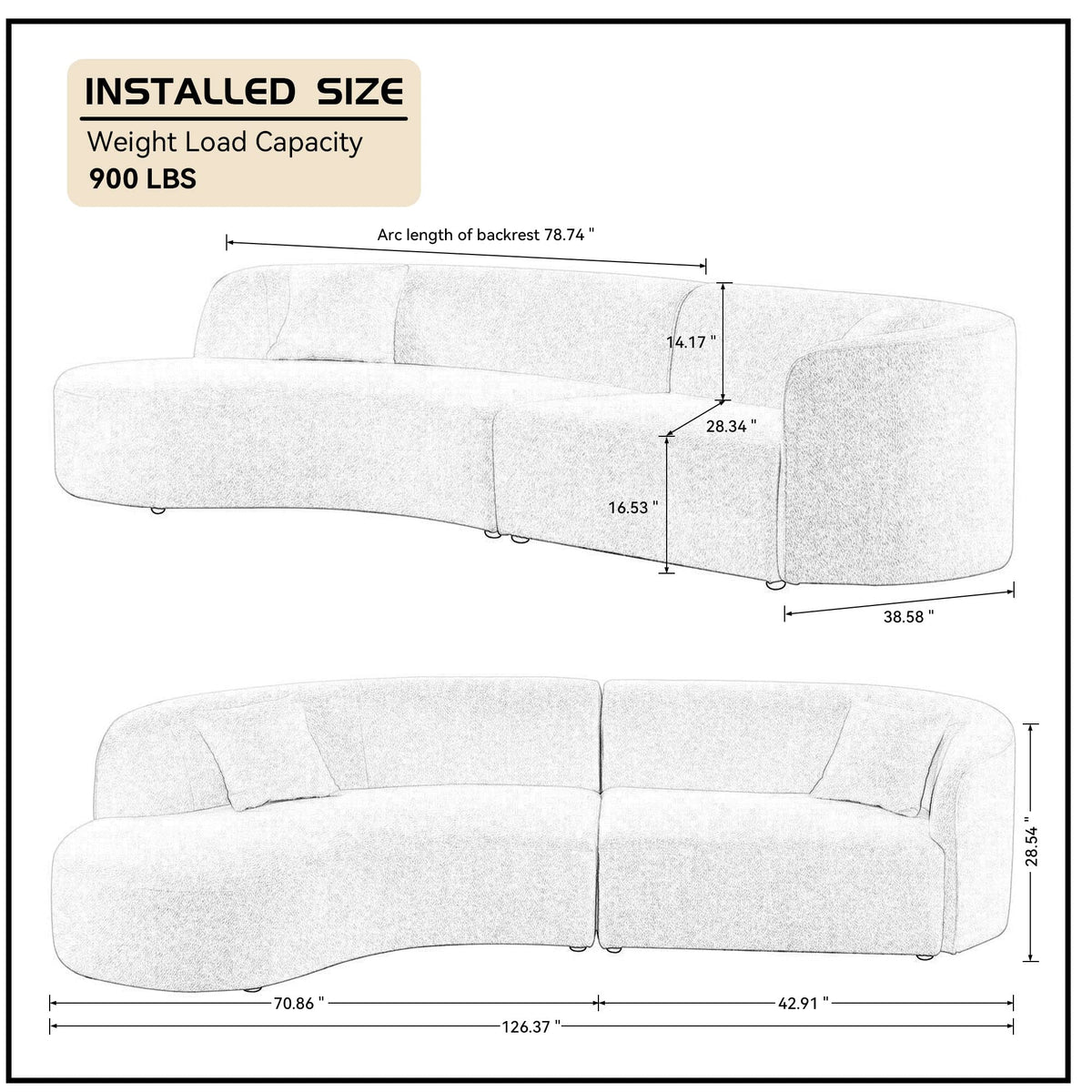 WILLIAMSPACE 126" Luxury Modern Style Curved Sofa, Upholstery Boucle Sofa Couch with 2 Pillows, Left Hand Facing Sectional Boucle Fabric Couch for Living Room (Left-Facing,Light Cream)