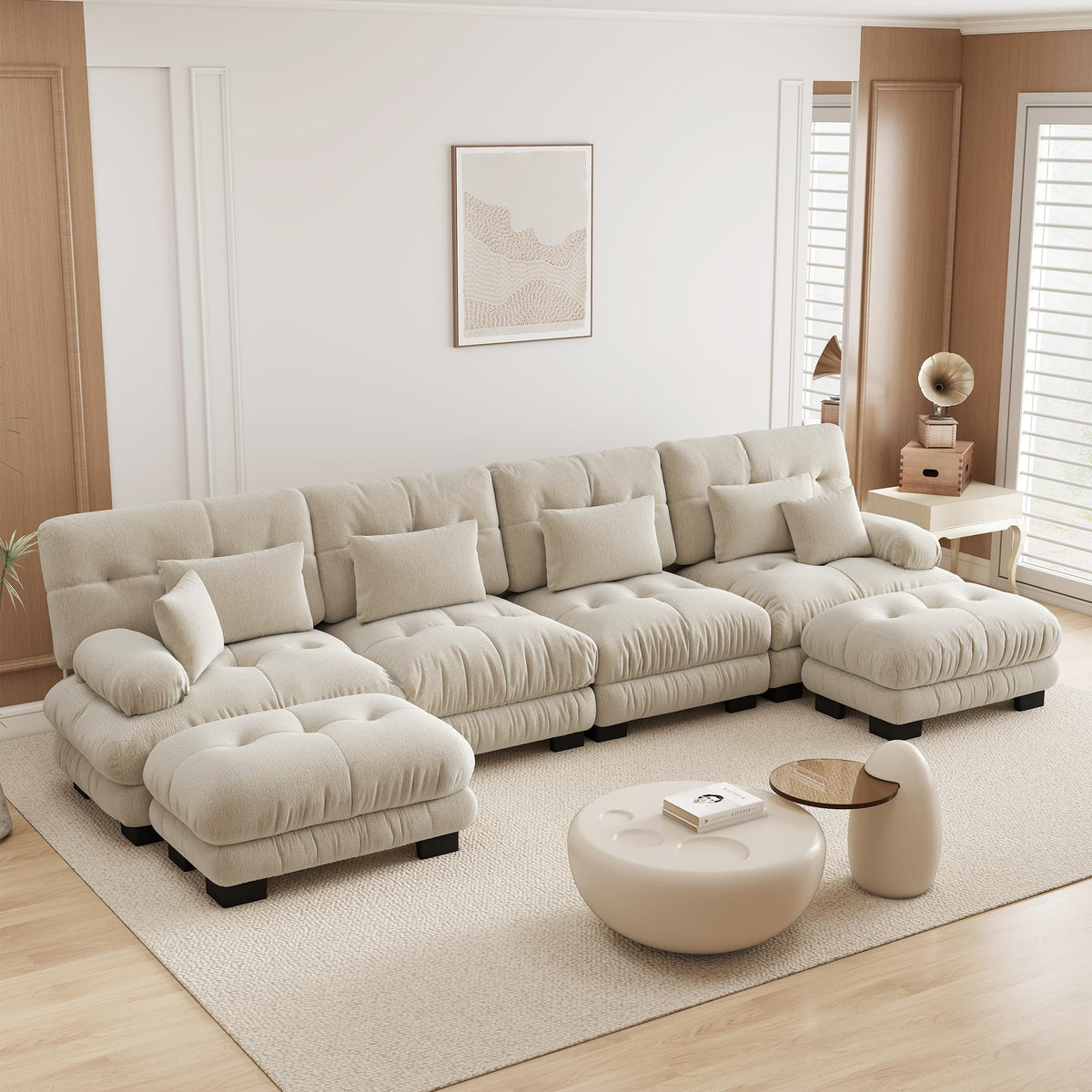 Velvet Modular Sectional Sofa,130" W Oversized U Shape Cloud Couch with 2 Ottomans,Free Combined 3 Seater Comfy Sofa with Bolster Armrest Pillows,Green for Living Room