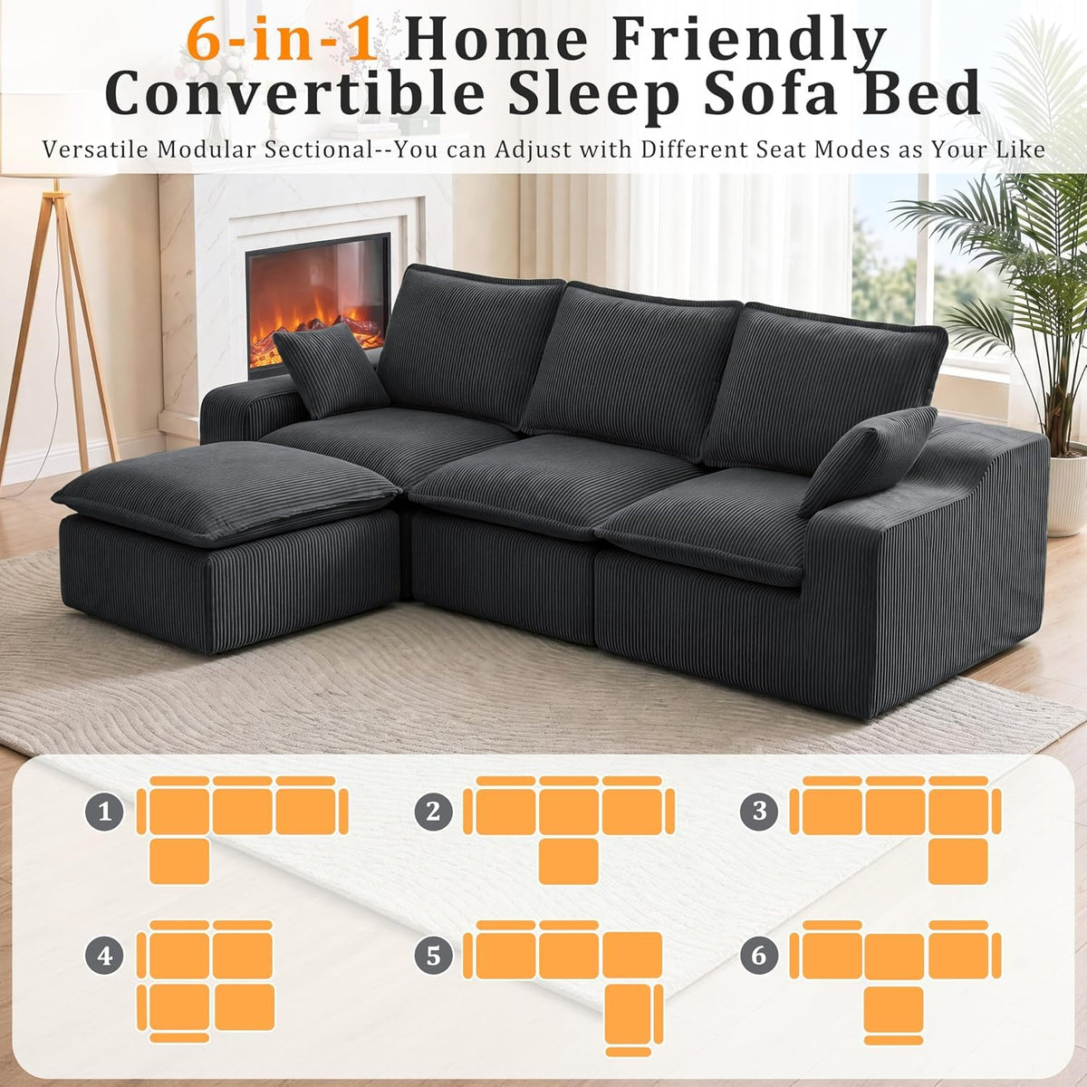 Vipbear 107" Modular Sectional Sofa with Ottoman, Free Assemble