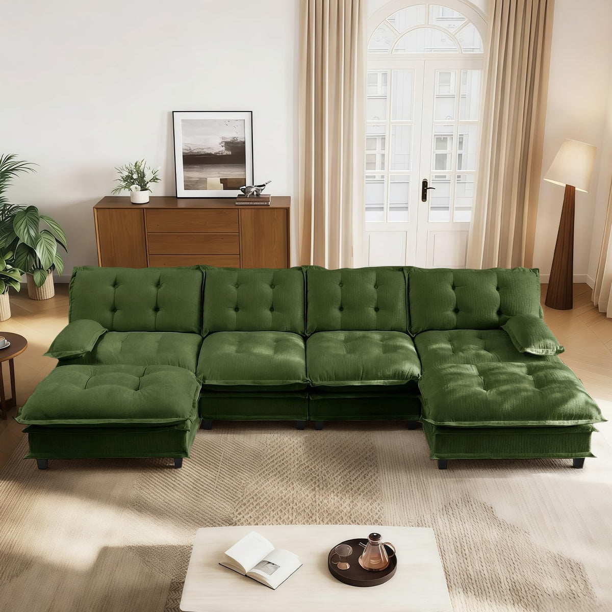 107.5" Modular Sectional Sofa-Chenille Deep 3 Seater L-Shaped Cloud Couch with Ottoman, Button Seat Cushions for Living Room & Apartment, Orange