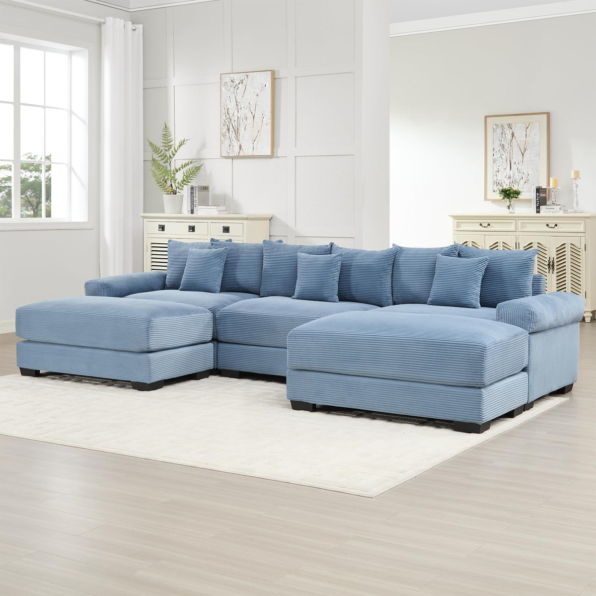 130" Oversized Cloud Modular Sectional Couch, Corduroy Fabric,3 Seater Deep Seat Wide Armrests, with an Ottoman,Ergonomic Design, Easy Assembly for Lounges Living Room,Blue BP131