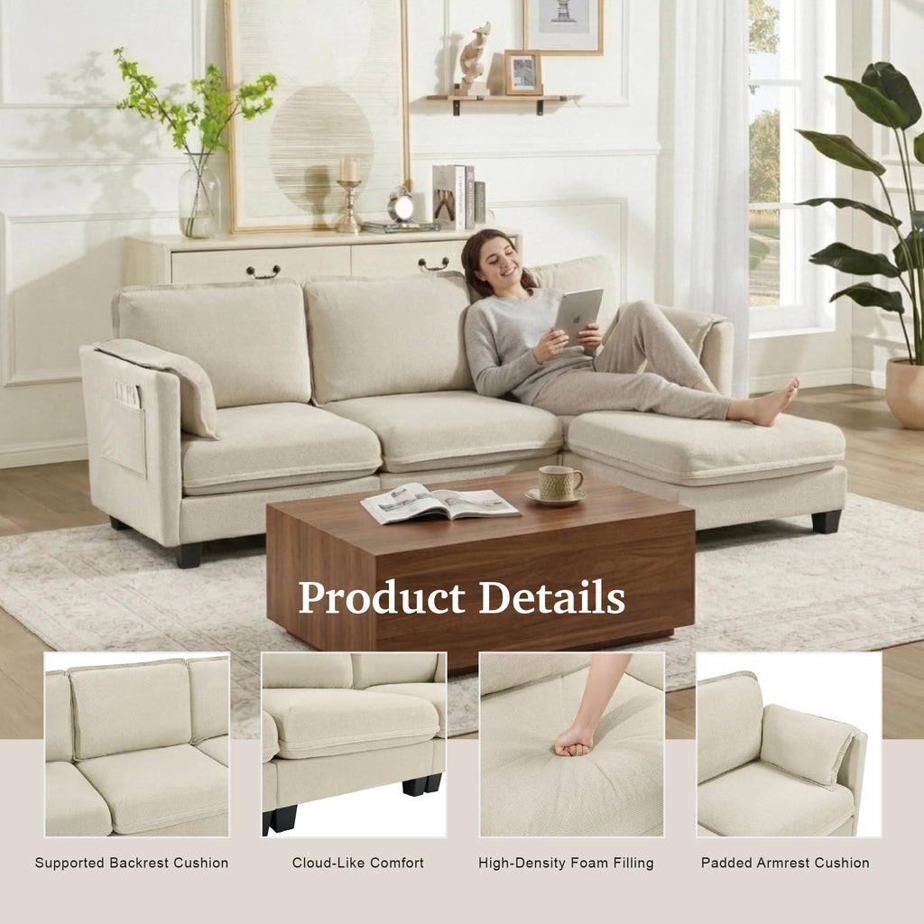 VidaNaticle 95" Boneless Modular Sectional Cloud Couch, Beige