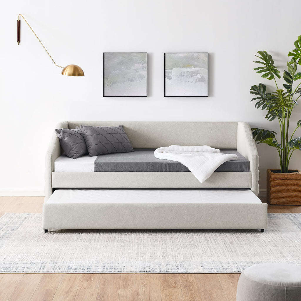 Twin Size Daybed with Trundle Upholstered Tufted Sofa Bed, Linen Fabric, Beige (82.5"x42.5"x34") YJ802