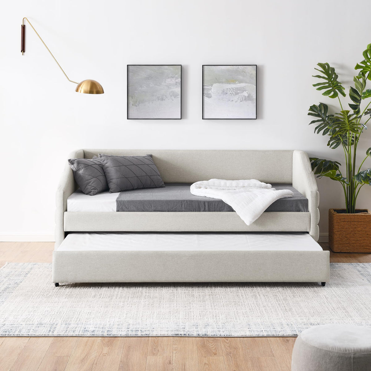 Twin Size Daybed with Trundle Upholstered Tufted Sofa Bed, Linen Fabric, Beige (82.5"x42.5"x34") YJ802