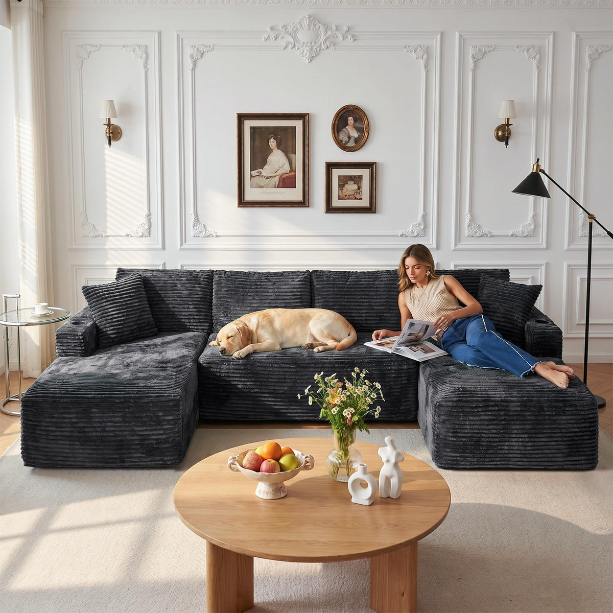 127" Cloud Couch Sectional U Shaped, Corduroy Modular Sofa with Chaise