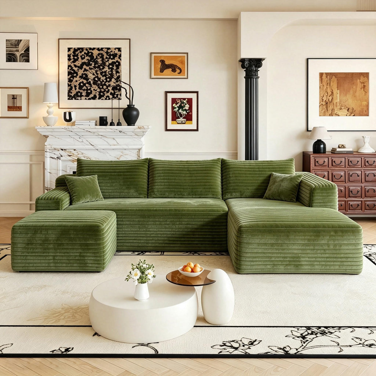 103" U Shaped Cloud Modular Boneless Sectional Couch Right Chaise, Green