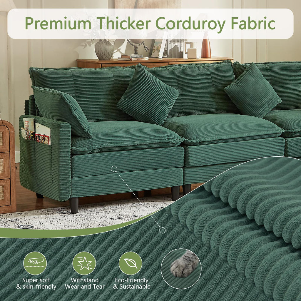 107.3'' Oversized Cloud Couch L Shaped Modular Sectional Sofa, Premier Comfy Corduroy Couch with Ottoman, Modern 3 Deep Seat Sectional Couches for Living Room, Solid Wood Frame&Spring,Tool-Free Green
