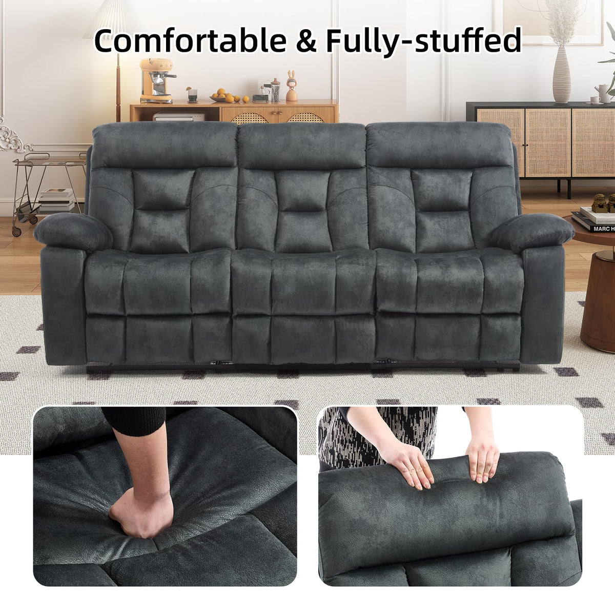EBELLO 2 Piece Reclining Living Room Set, Soft Fabric Recliner Sofa Furniture Set, Included Power Lift Recliner Chair with Massage and Heat and 3 Seat Sofa, Dark Greenish-Grey