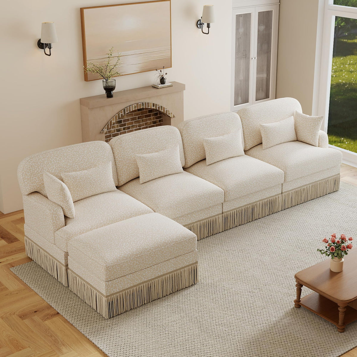 100" Leopard Print Chenille Modular Sectional Sofa with Tassels, L-Shaped Deep Seat Cloud Couch with Ottomans for Living Room, BGE-KHK