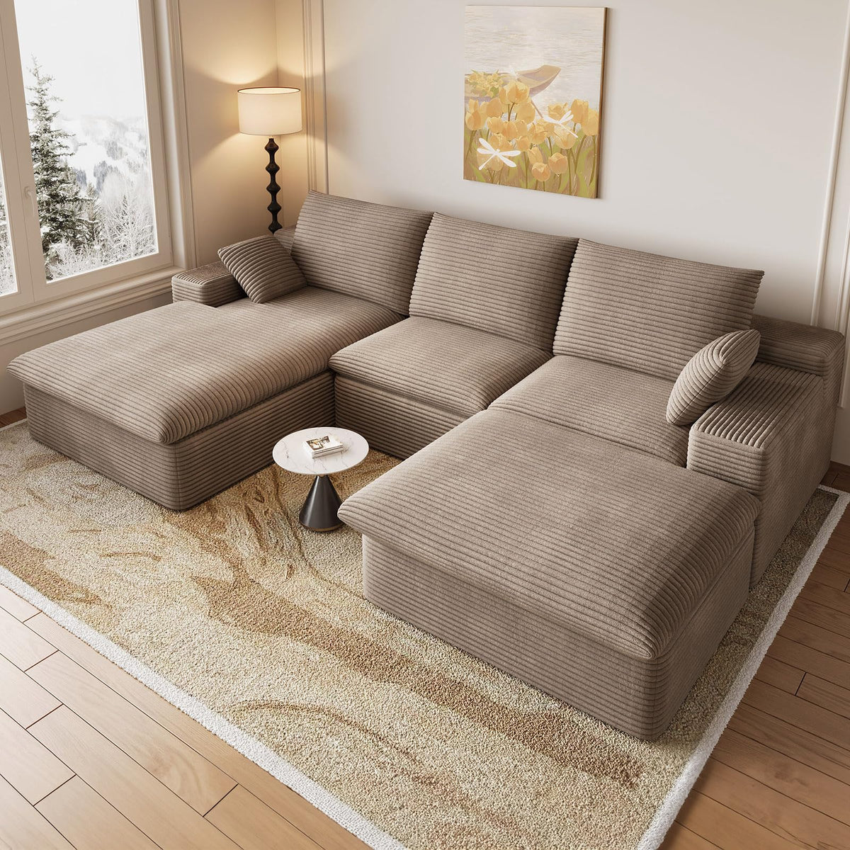 107" Cloud Couch Modular Sectional Couchs with Chaise Lounge, U-Shape Boneless Couches with Ottoman for Living Room, Corduroy Sofa with Deep Seat, No Assembly Required (Green, Left Facing Chaise)