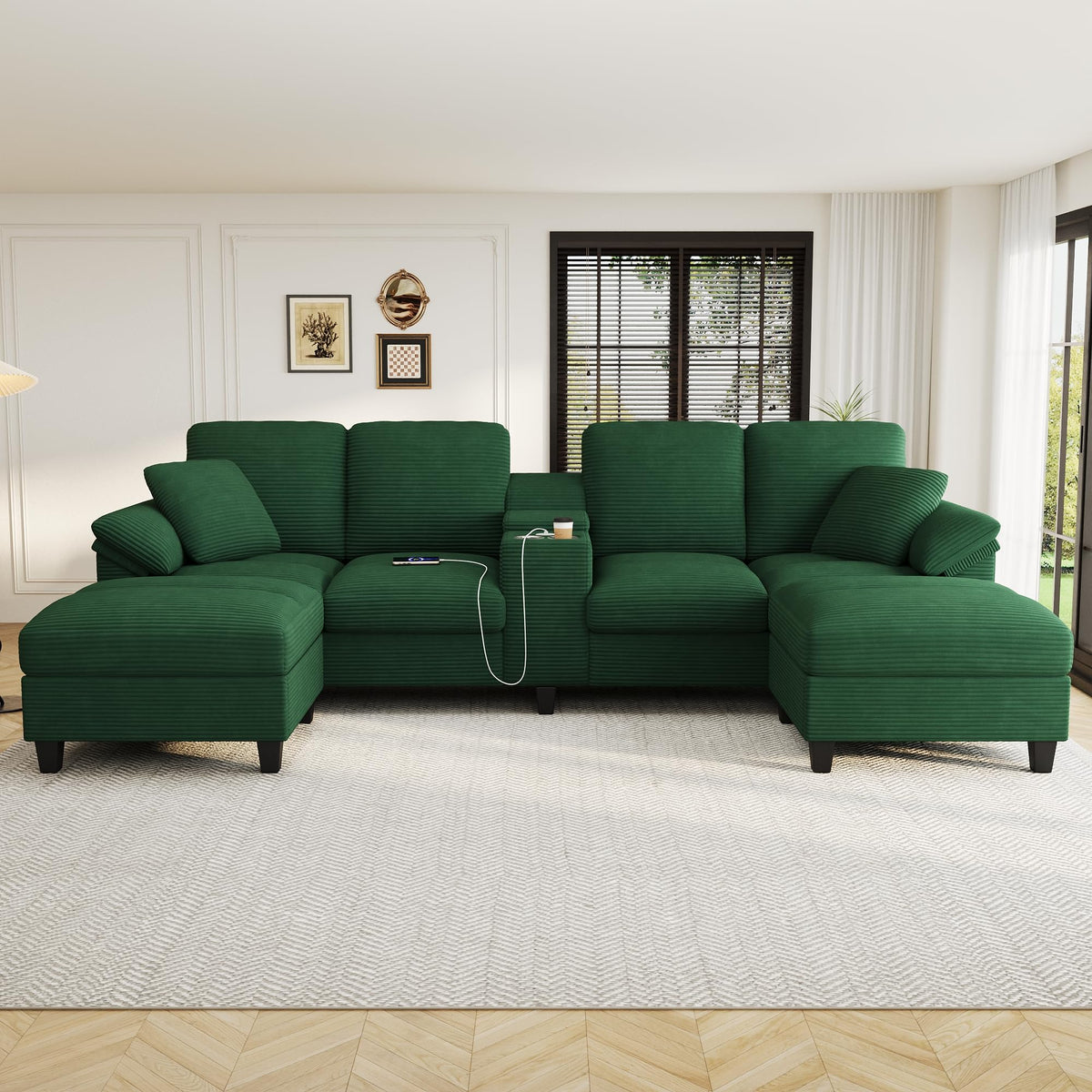 119*67" U Shaped Sectional Sofa,6 Seat Chenille Corner Couch Set with Oversized Chaise Lounge,Irregular Corner, Deep and Wide Seat Comfy Sofa with Cup Holders for Living Room,Apartment (Beige-V33)