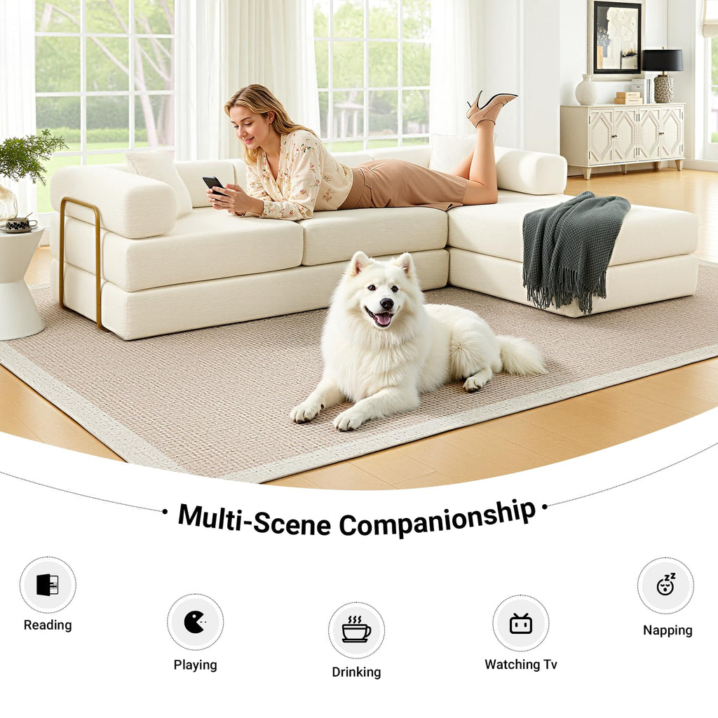 108" Convertible Folding Sofa Bed, L Shaped Modular Sectional Couchs with Fixed-Shape Frame, Corduroy Boneless Couch Bed, Cloud Mattress Sofa Sleeper Couch for Living Room (Beige, 108" W)
