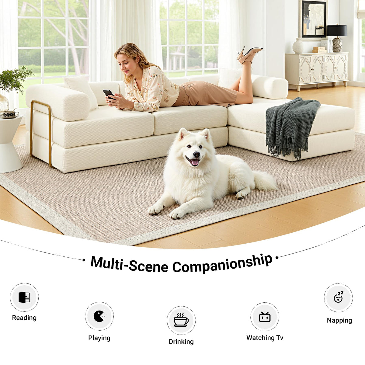 108" Convertible Folding Sofa Bed, L Shaped Modular Sectional Couchs with Fixed-Shape Frame, Corduroy Boneless Couch Bed, Cloud Mattress Sofa Sleeper Couch for Living Room (Beige, 108" W)