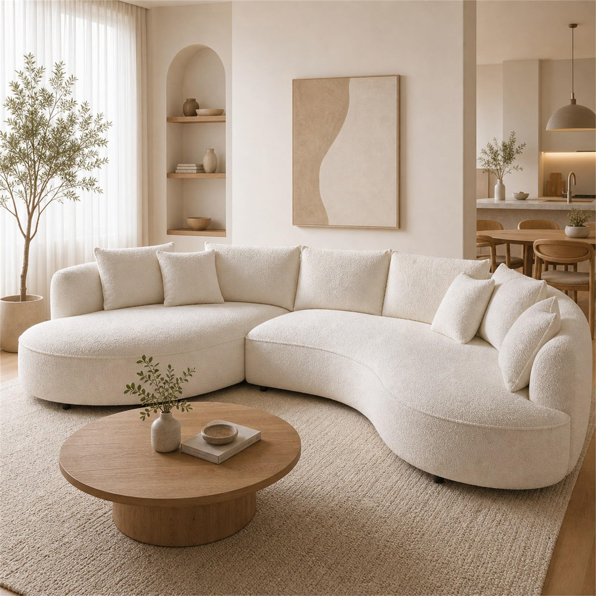 124.8" Beige Curved Boucle Sectional Sofa, 5 Seat Left Facing Chaise