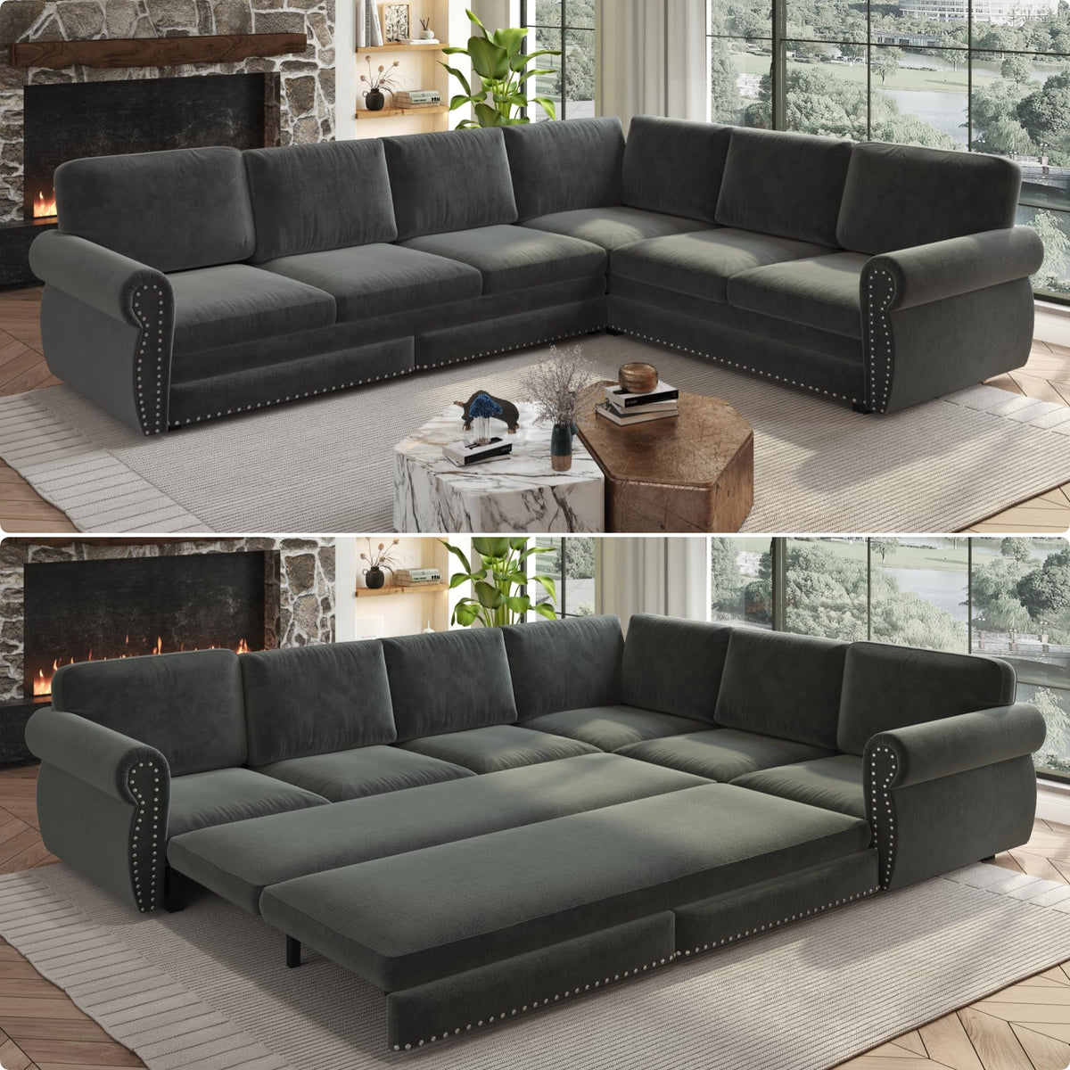118" L-Shaped Sectional Sleeper Sofa Bed with Pull Out Couch, Dark Grey