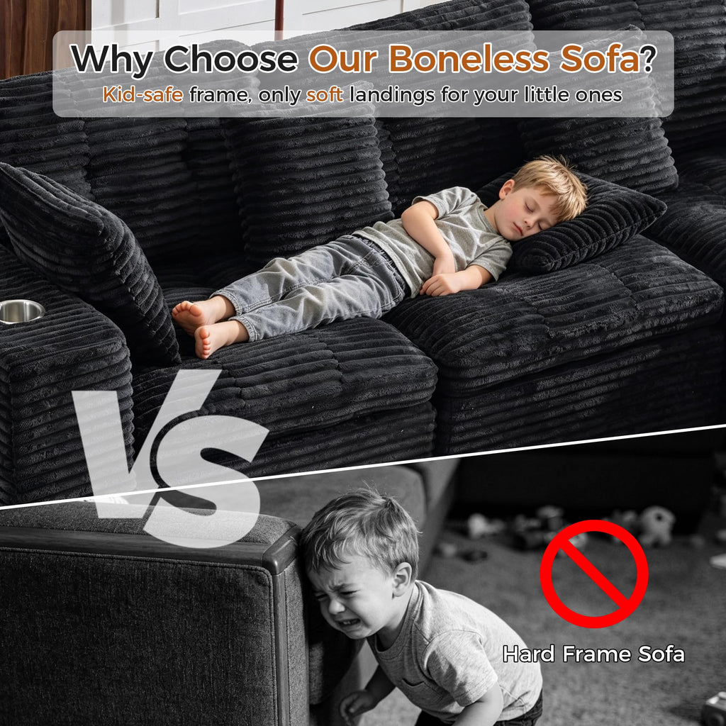 108.08" Boneless Sectional Couch, Modern U Shaped Modular Sectional Sofa Corduroy Upholstered for Living Room Oversized Deep Seat Cloud Couch with 2 Ottoman, No Assembly, Black