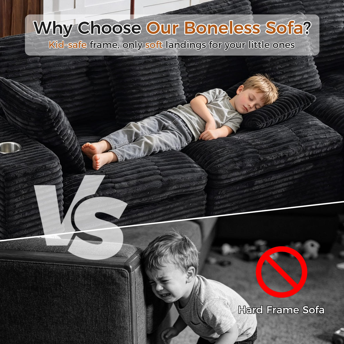 108.08" Boneless Sectional Couch, Modern U Shaped Modular Sectional Sofa Corduroy Upholstered for Living Room Oversized Deep Seat Cloud Couch with 2 Ottoman, No Assembly, Black