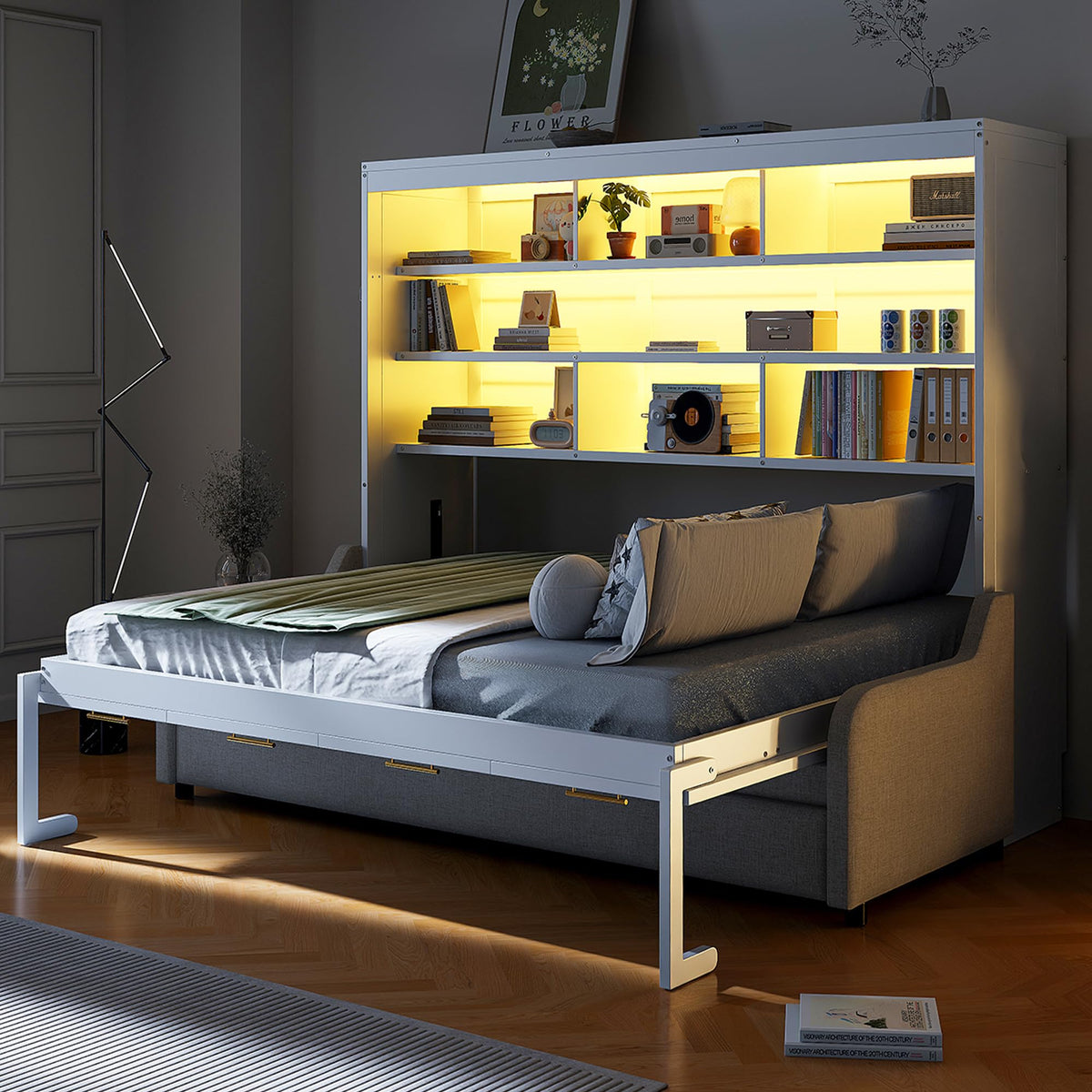 Wood Murphy Bed with Sofa, 4 Storage Shelves and USB Charging Station