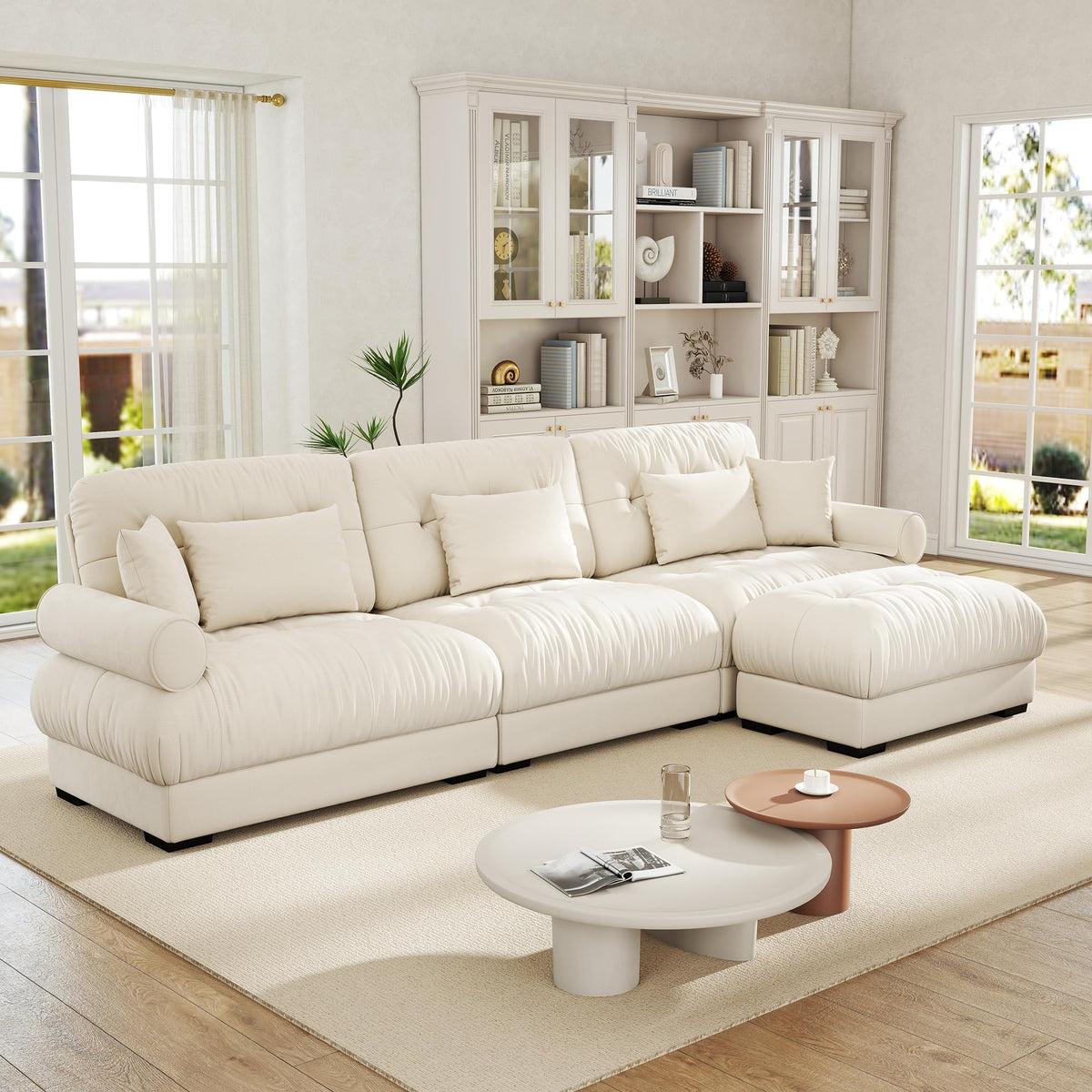 Velvet Modular Sectional Sofa,130" W Oversized U Shape Cloud Couch with 2 Ottomans,Free Combined 3 Seater Comfy Sofa with Bolster Armrest Pillows,Green for Living Room