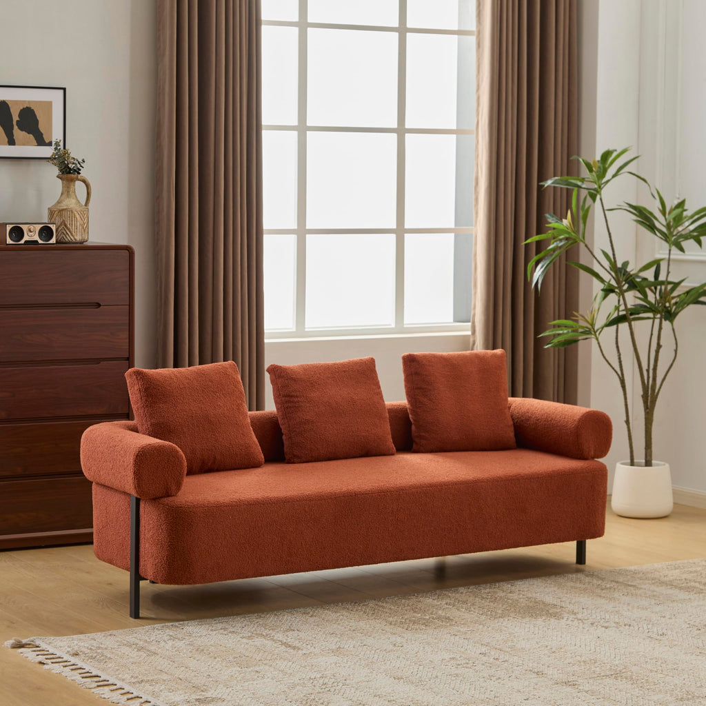 78" 3 Seater Orange Upholstered Sofa, Oversized Comfy Couch with 3 Plush Pillows for Living Room, Bedroom, Apartment