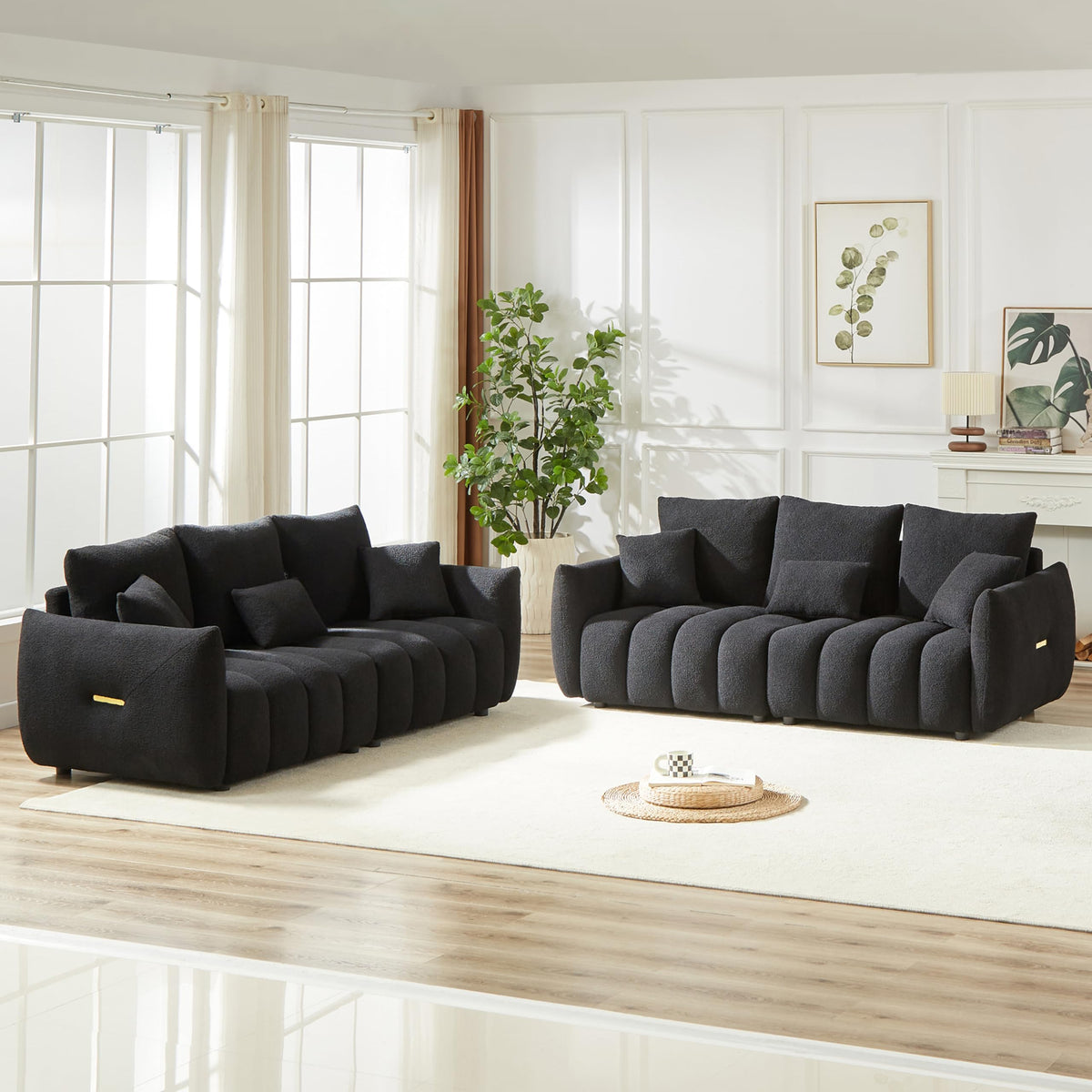 Velvet Chesterfield Sofa Set, 3-Seater and Loveseat