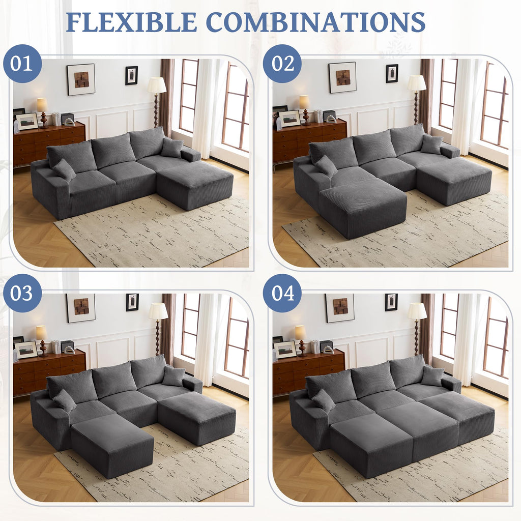 110" L Shaped Sectional Sofa, Full Compression 3 Seater Cloud Couch with Chaise, No Assembly Required Sofa for Living Room, Ultra Soft Deep Seat Modular Sofa(Corduroy, Grey) EN161
