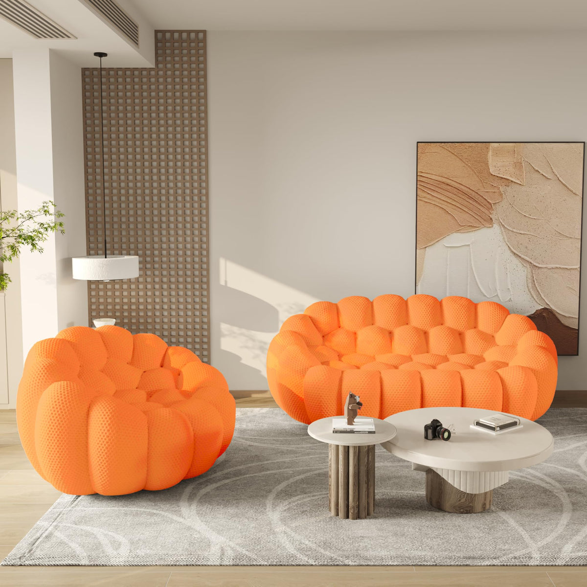 WJShome Modern Bubble Sofa Couch, 79.53" Curved Sofas for Living Room, Boneless Large Bean Bag Chair,Deep Seat Floor Sofas Chair Lounge 3 Seater for Home,Orange