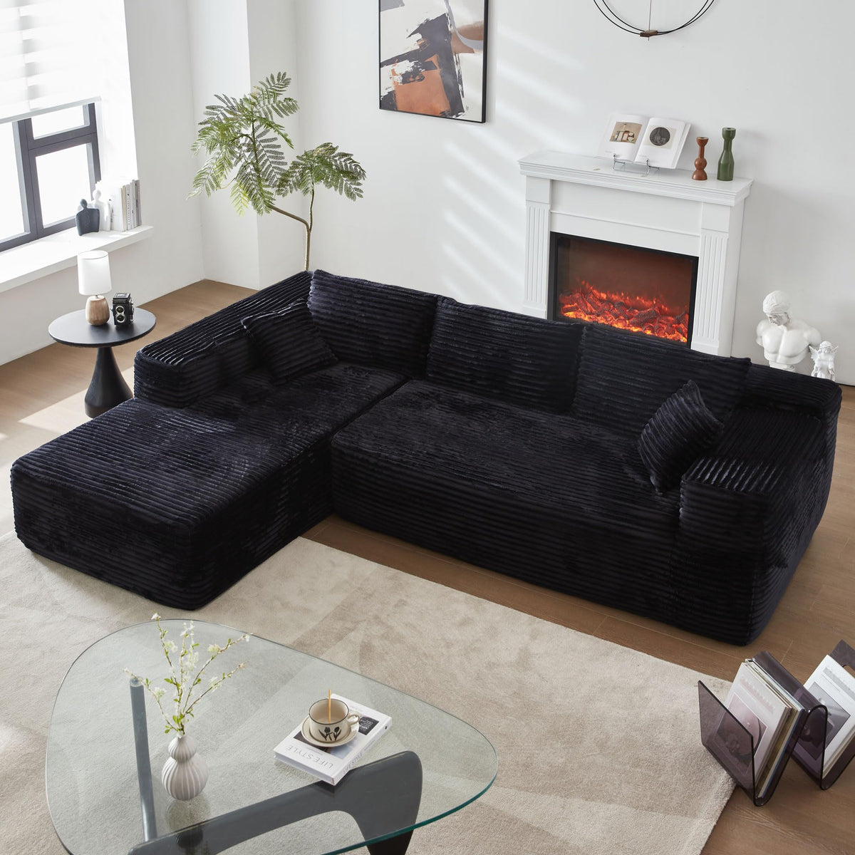 104" L-Shape Modular Sectional Sofa Couch,Comfy Upholstered Cloud Couch for Living Room,Modern Minimalist Couches,Deep Seat,No Assembly Required (Black,Plush Corduroy, Right Facing Chaise w/Ottoman)