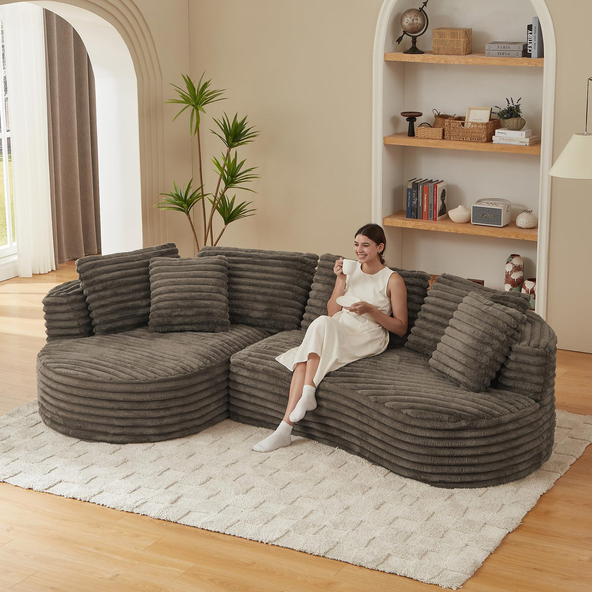 121 inch Boneless Cloud Modular Sectional Couch, Wide Curved L Shaped Sofa with Chaise | Corduroy Fabric | Compressed Foam Sofa for Living Room | No Assembly Black