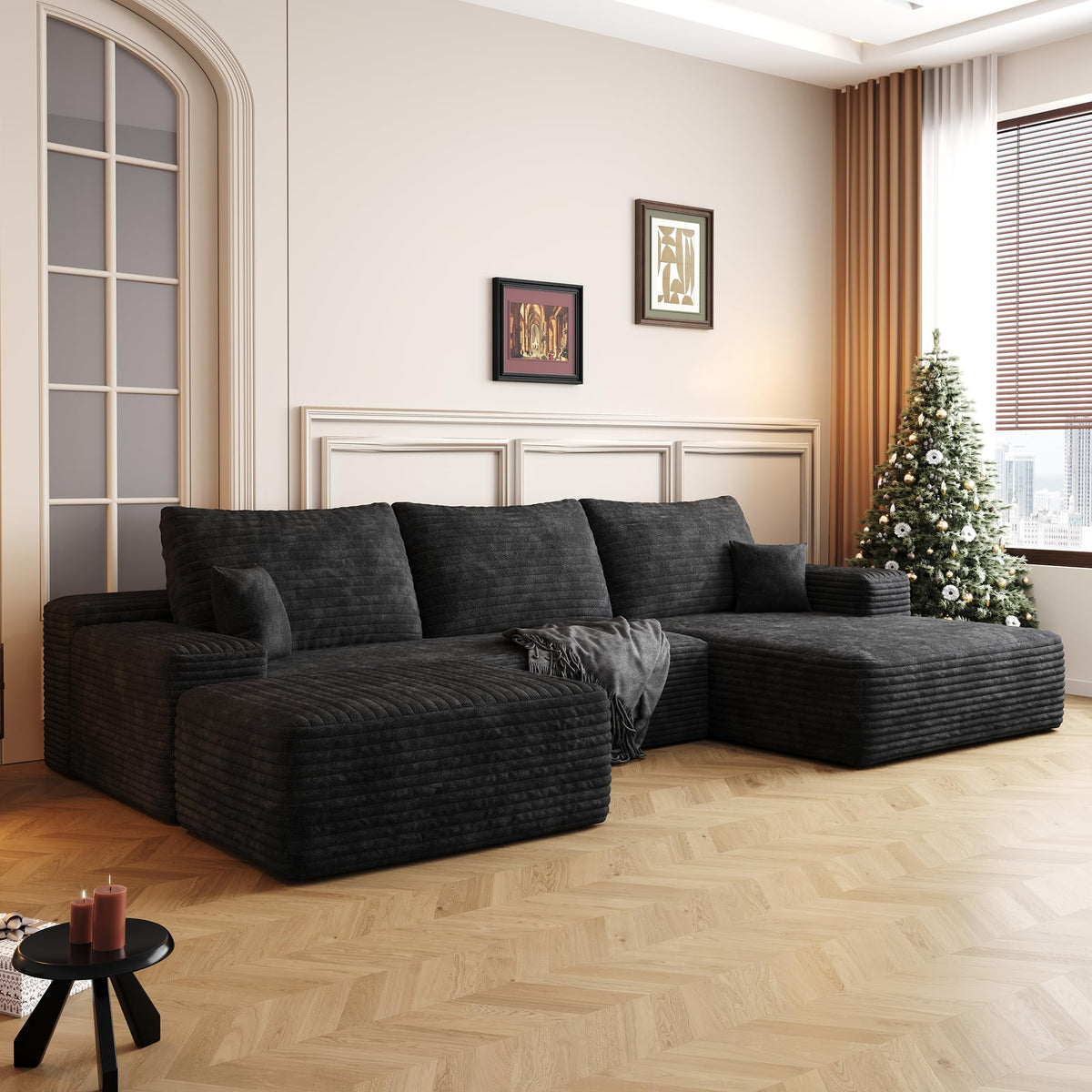 107" Plush Corduroy Deep Seat Chaise Lounge Indoo, Modern Boneless Compressed Floor Sectional Sofa with High-Resilience Foam, Free Combination Modular Cloud Sectional Sofa for Living Room, Black