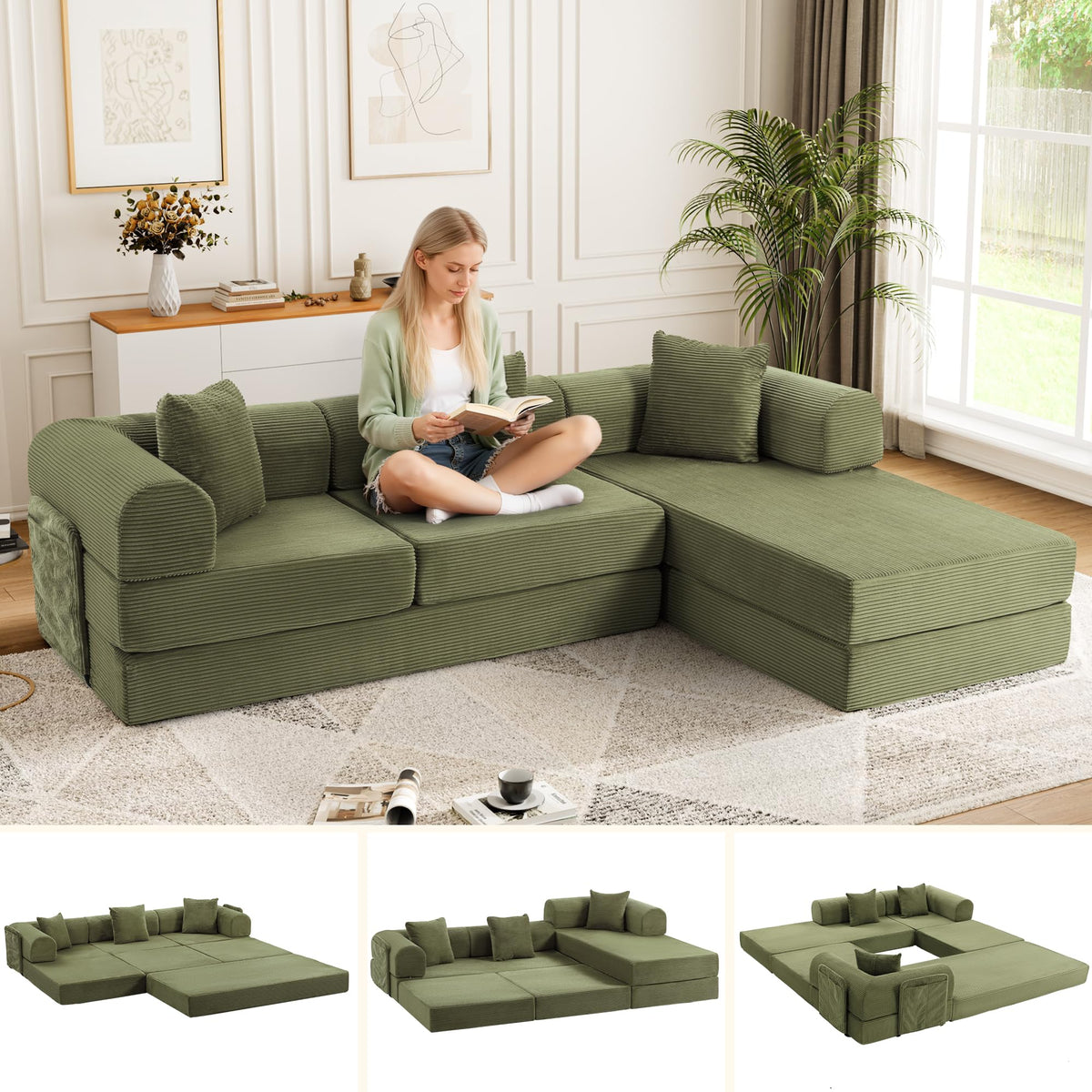 106.3" Modular Sectional Sleeper Sofa with Metal Frame, Green