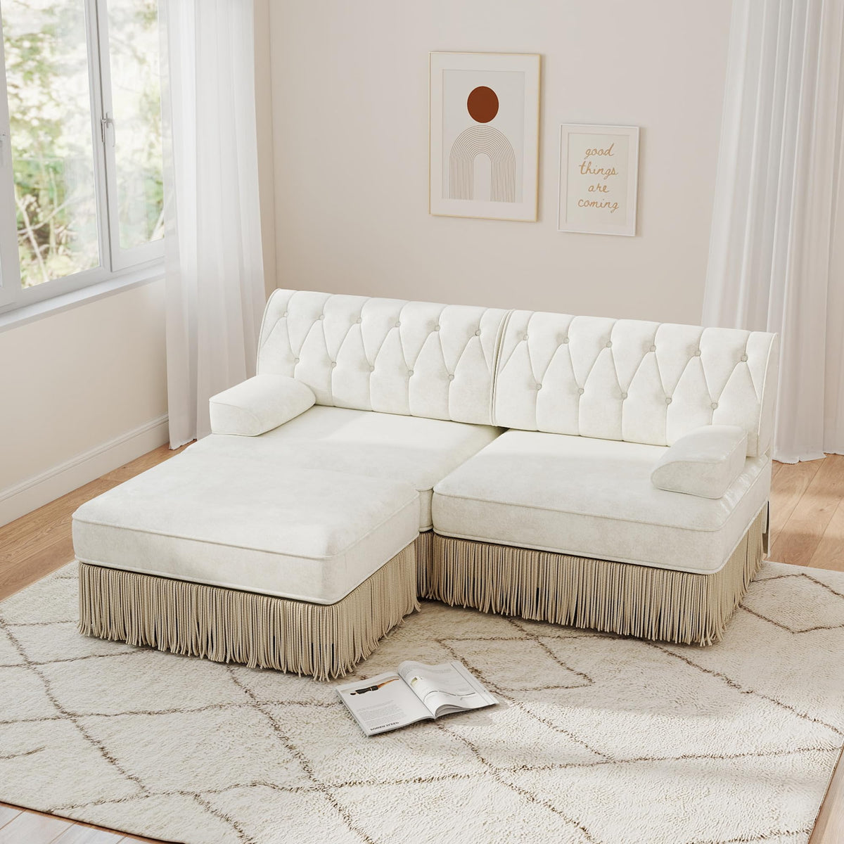 Unique Chesterfield Style Modular Sectional Sofa, 135.6” L-shaped Boneless Sofa with Velvet Fabric, Floor-grazing Tassel Fringe Skirt and Button Tufted Design for Living Room, Easy to Assemble, Beige