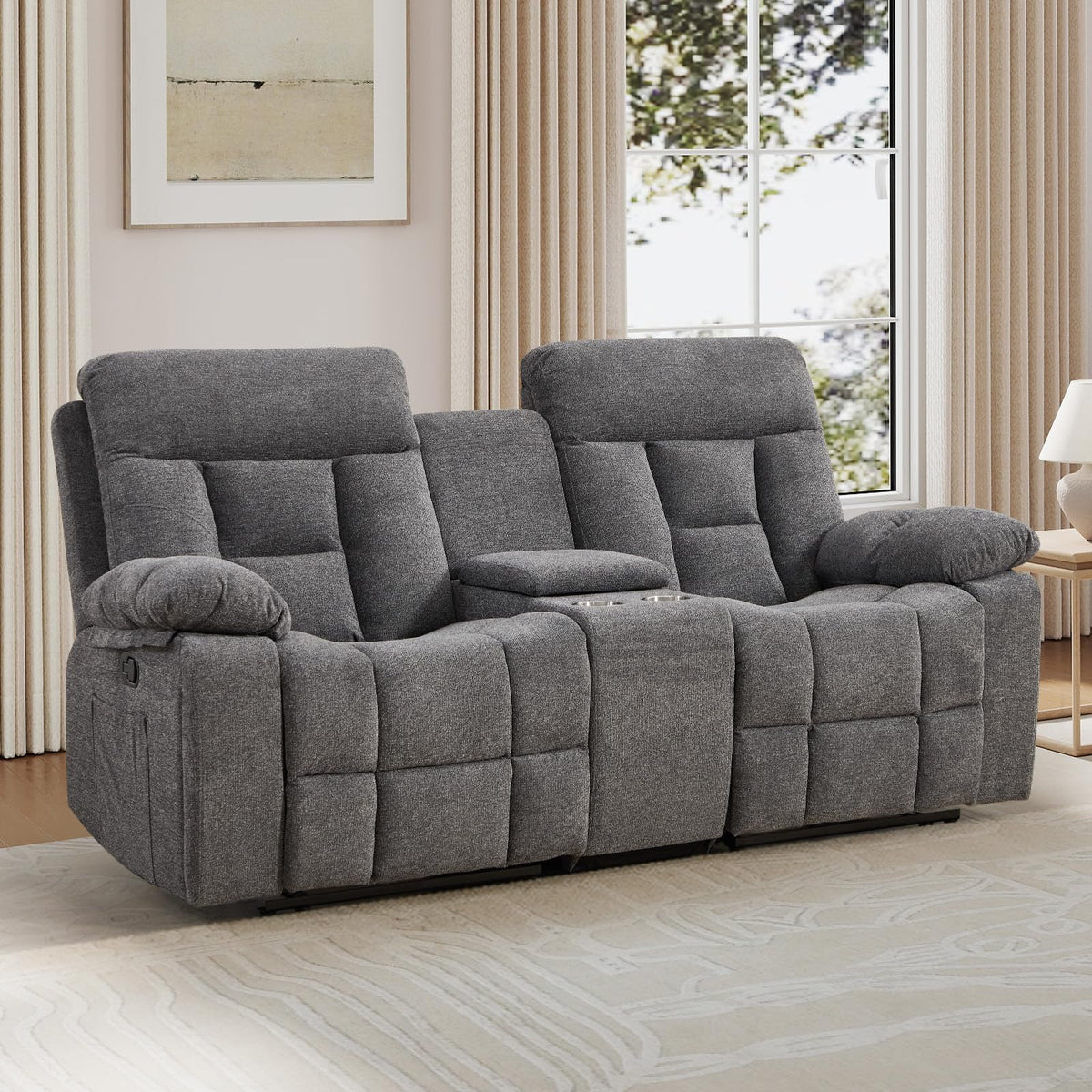 EBELLO 2 Piece Reclining Living Room Set, Soft Fabric Recliner Sofa Furniture Set, Included Power Lift Recliner Chair with Massage and Heat and 3 Seat Sofa, Dark Greenish-Grey