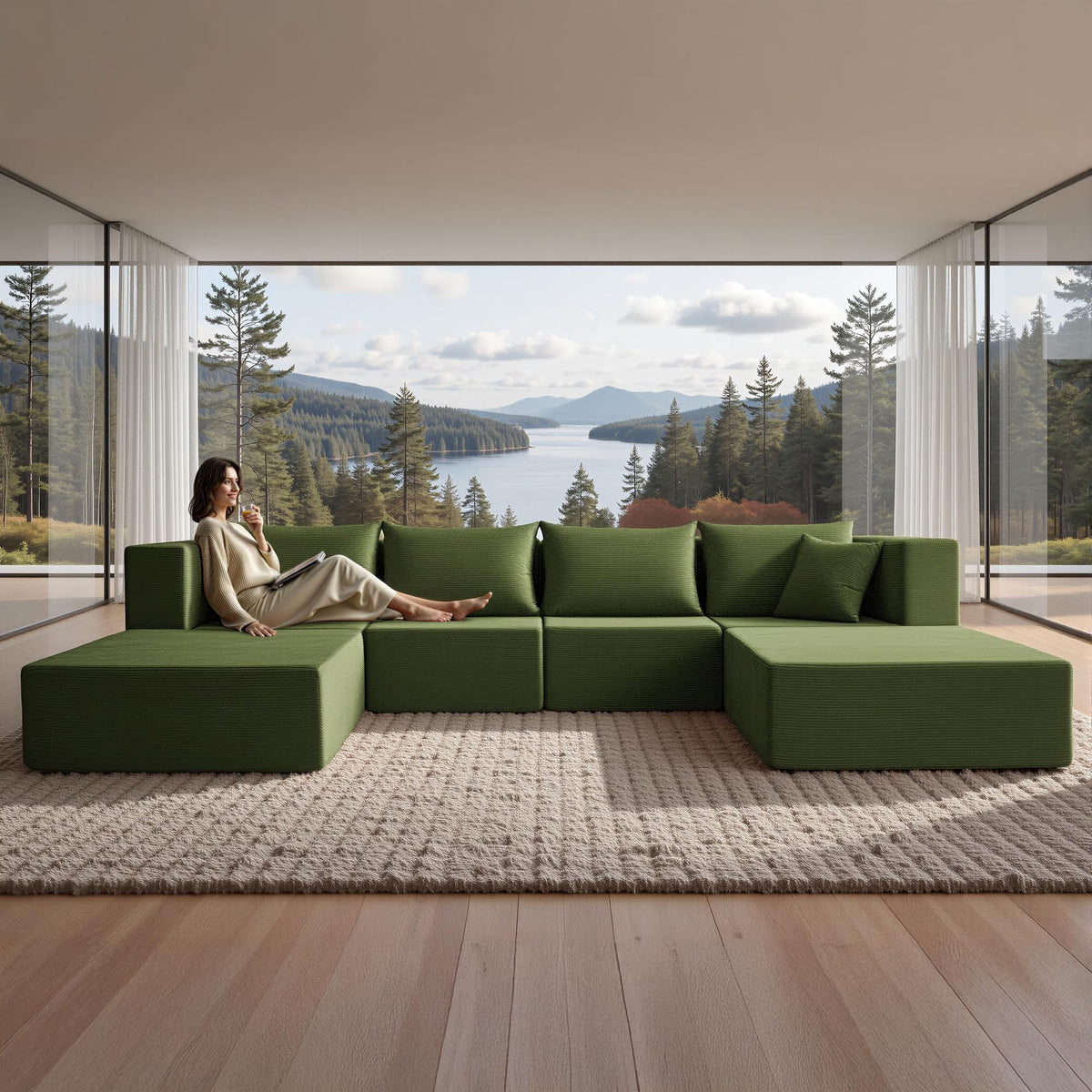 YINIX 140" Convertible Sleeper Sofa Bed - Modular Sectional Sofa Couches - Comfy Cloud Couch for Living Room Floor Sofa - 6 Piece Free Combination Compression Sofa - No Assembly Required - Green